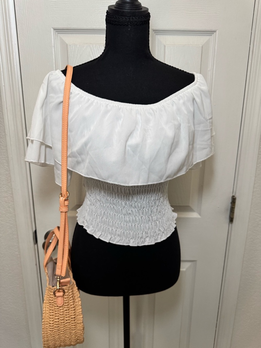 White Off-Shoulder Smocked Waist Women's Top